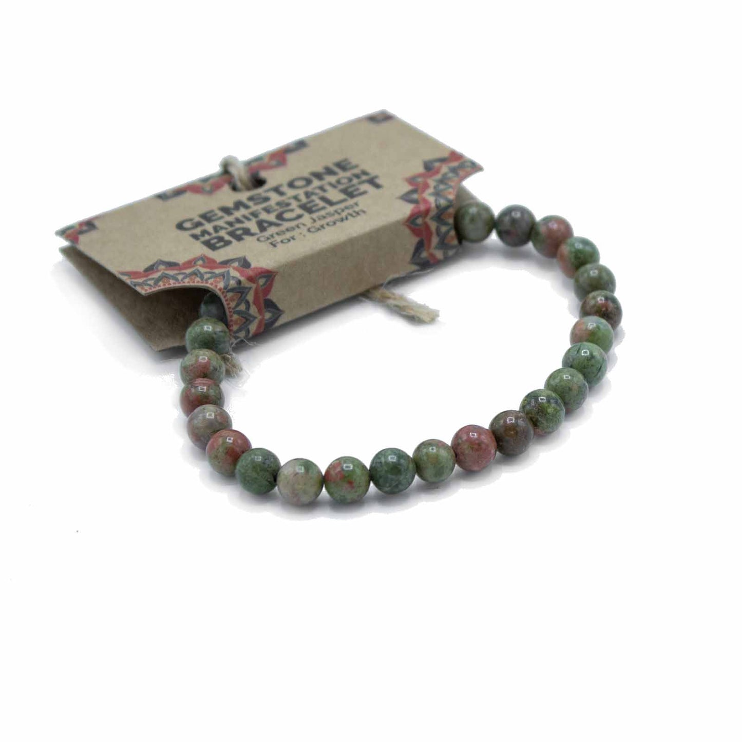 Green Jasper gemstone manifestation bracelet with vibrant green beads, symbolising growth, renewal, and steady personal transformation.

