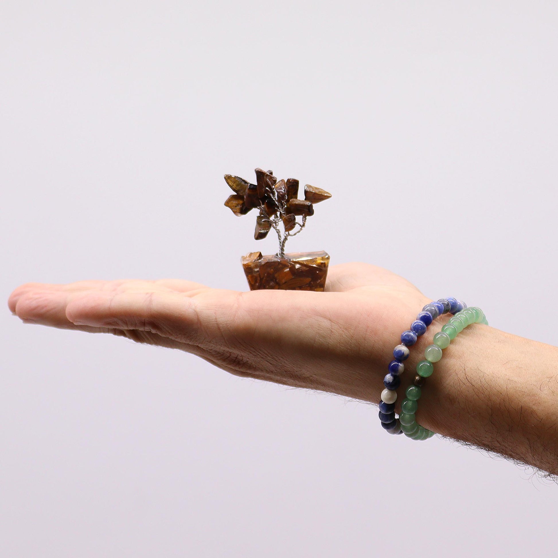 Mini Tiger's Eye crystal tree on orgonite base – 6cm high with 15 healing crystals