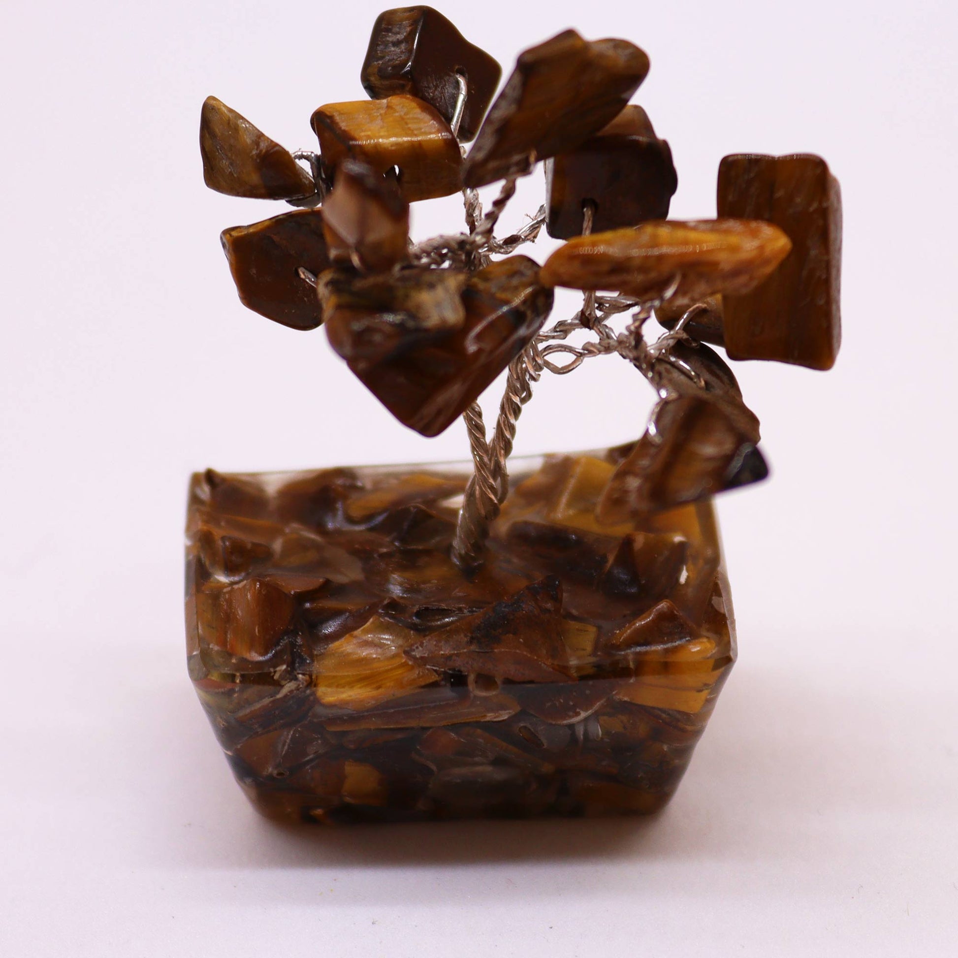 Mini Tiger's Eye crystal tree on orgonite base – 6cm high with 15 healing crystals