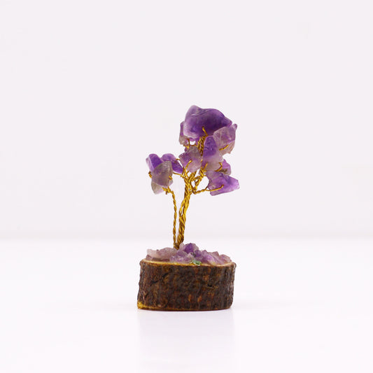 Mini Amethyst crystal tree on natural wood base – 6cm high with 15 healing crystals