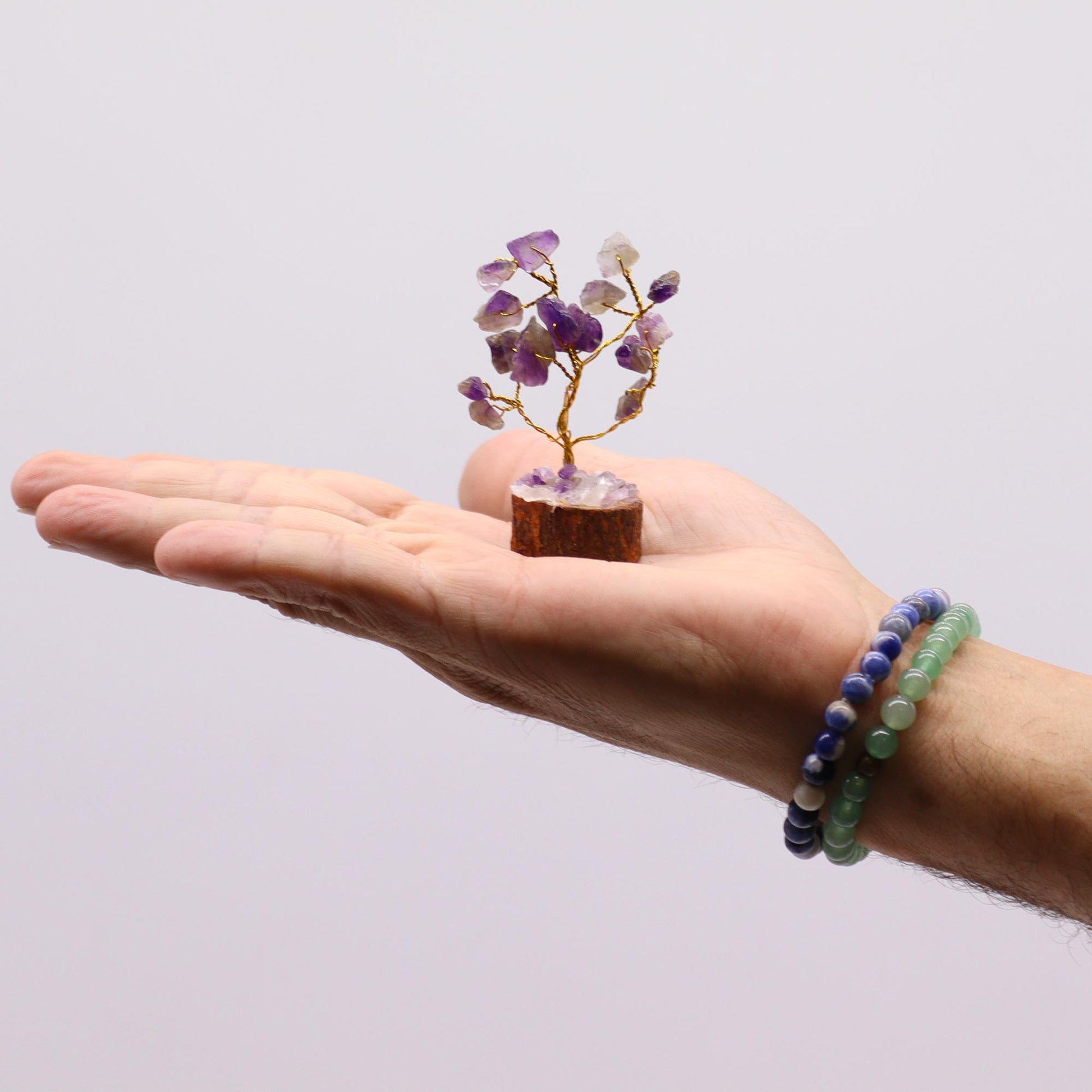 Mini Amethyst crystal tree on natural wood base – 6cm high with 15 healing crystals