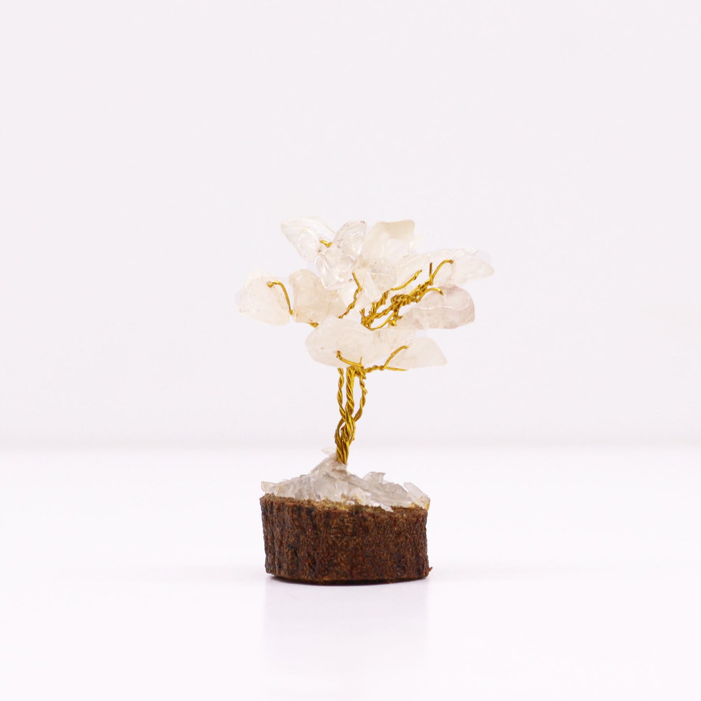Mini Rock Quartz crystal tree on natural wood base – 6cm high with 15 healing crystals