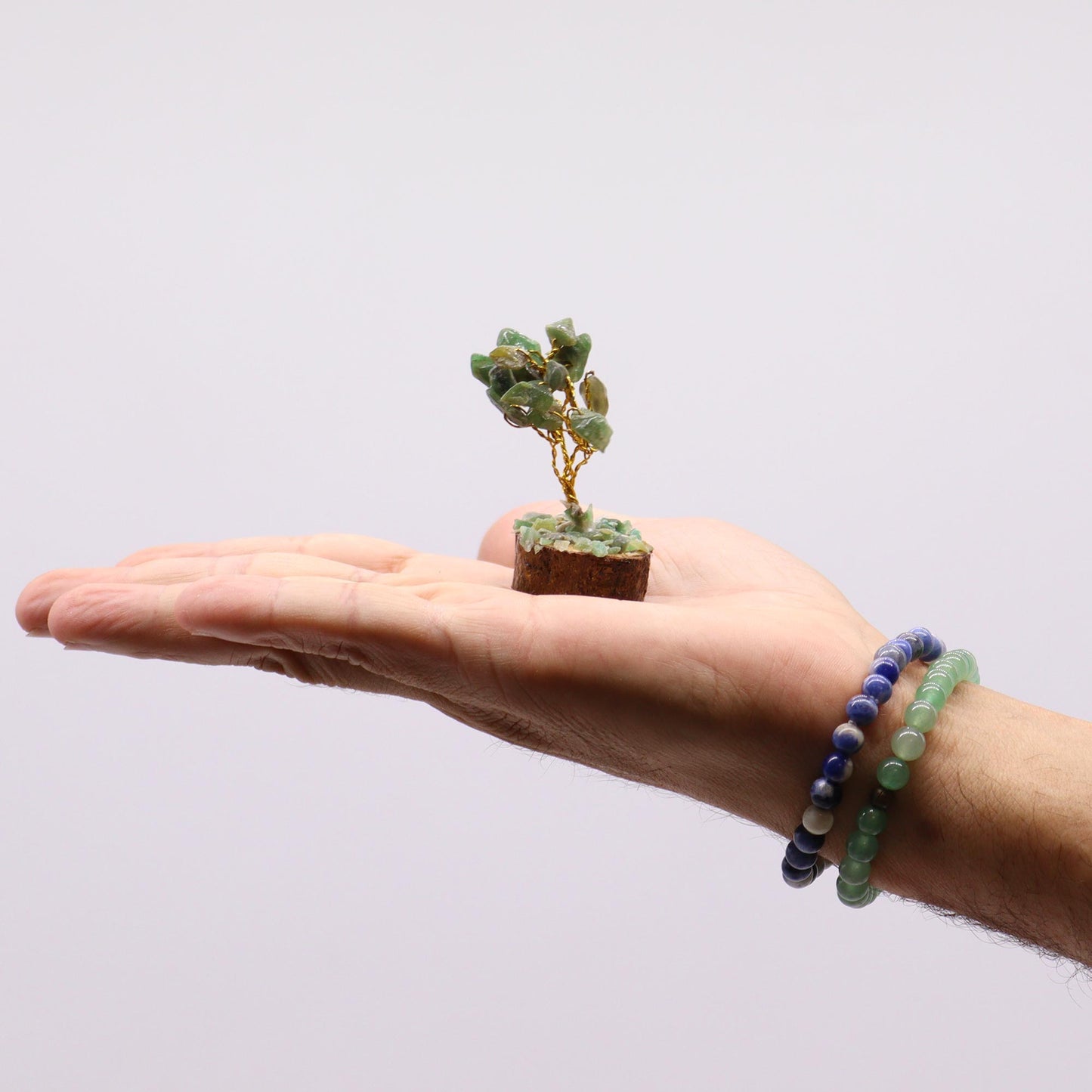 Mini Green Aventurine crystal tree on natural wood base – 6cm high with 15 healing crystals