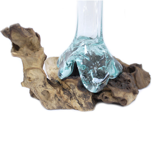 Tall molten glass vase fused onto rustic Gamal wood base – handmade in Bali

