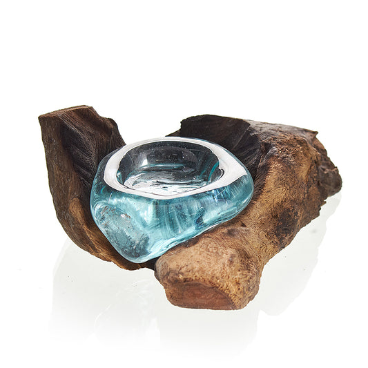 Hand-blown molten glass tea light holder on natural wood base – handmade in Bali

