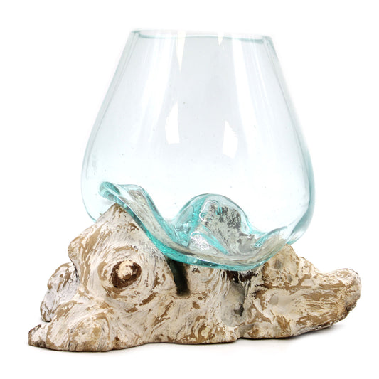 Molten glass bowl on whitewashed wood base – handcrafted Balinese decor

