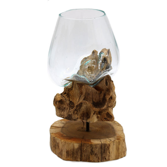Molten glass bowl on wood with stand – handcrafted Balinese decor piece

