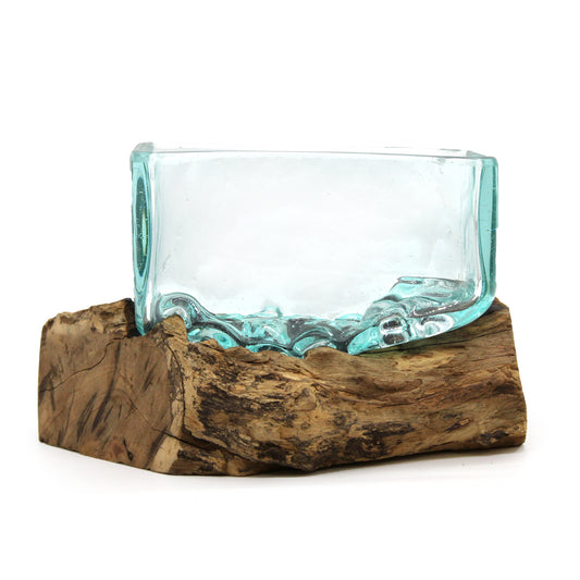 Molten glass rectangular tank bowl on rustic wood base – handmade in Bali

