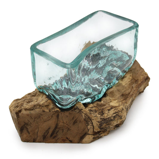Molten glass rectangular tank bowl on rustic wood base – handmade in Bali


