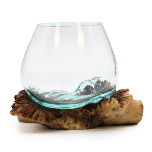 Hand-blown molten glass bowl on rare parasite wood base – artisan Balinese decor

