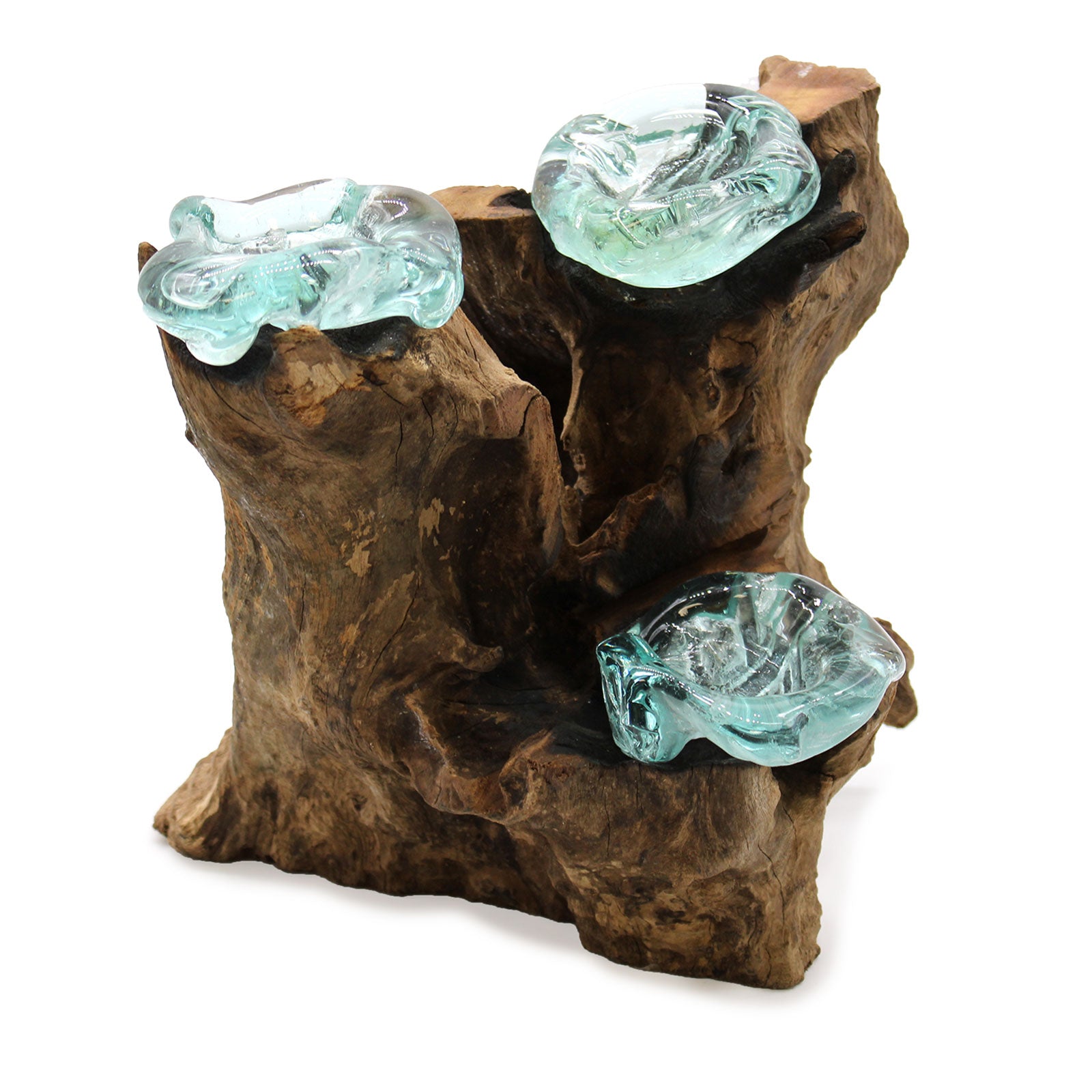 Molten glass and wood three candle holder with hand-poured tealight vessels resting on natural Balinese Gamal wood.