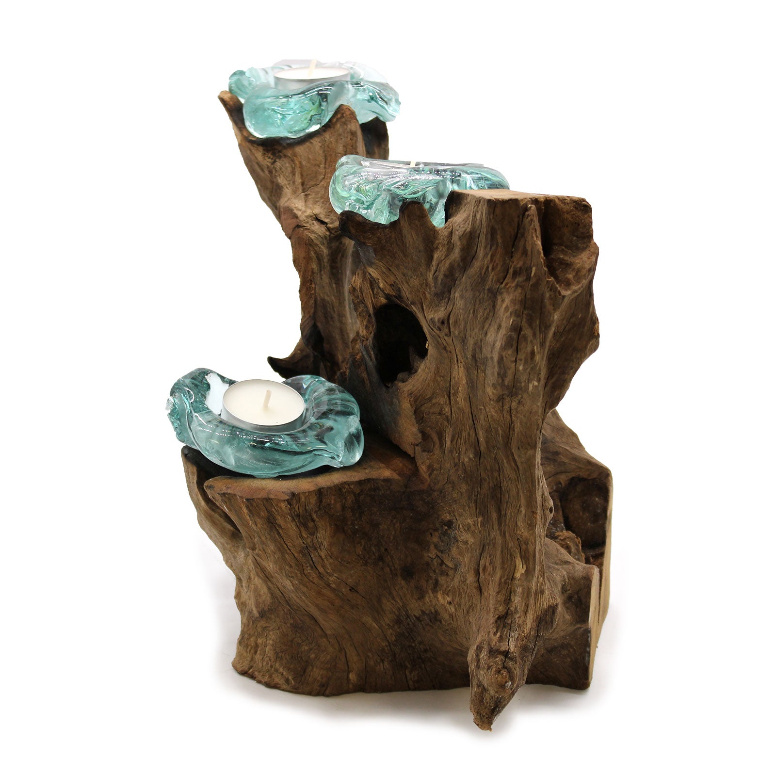 Molten glass and wood three candle holder with hand-poured tealight vessels resting on natural Balinese Gamal wood.