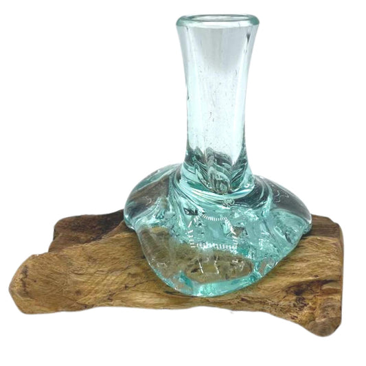 Molten glass small flower vase on handcrafted wood base – eco-friendly Bali decor

