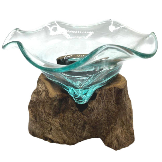 Hand-blown molten glass sweet bowl on rustic wood base – Bali artisan decor

