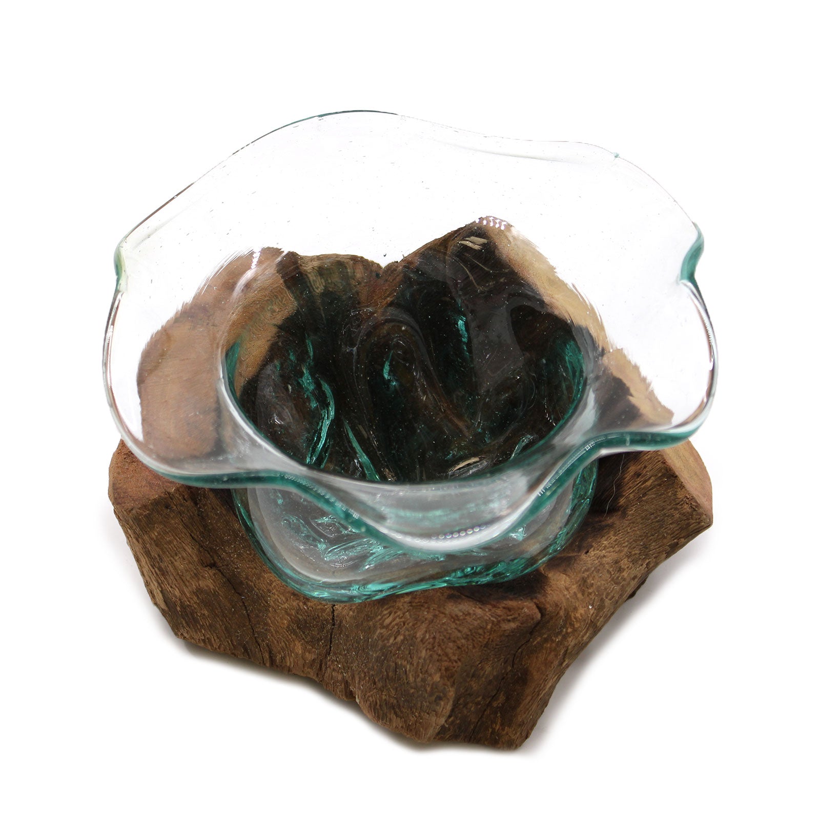 Hand-blown molten glass sweet bowl on rustic wood base – Bali artisan decor

