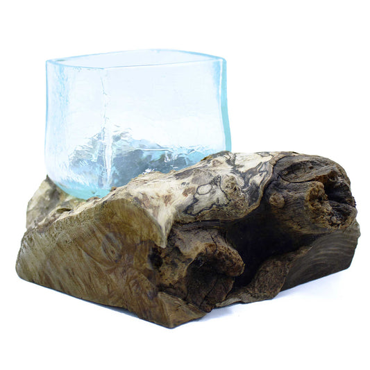Molten crackled glass tank on handcrafted Gamal wood base – Bali decor

