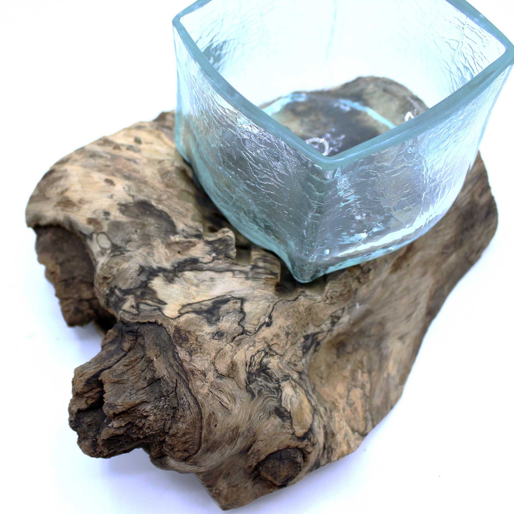 Molten crackled glass tank on handcrafted Gamal wood base – Bali decor

