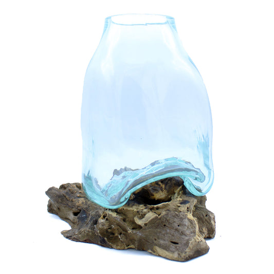 Large molten glass terrarium vase on Gamal wood base – handmade in Bali

