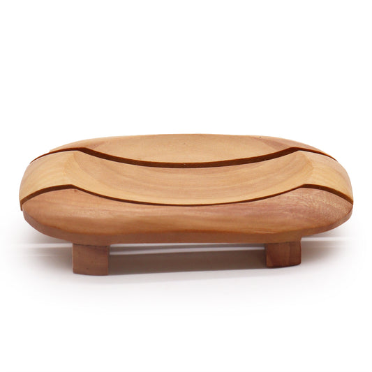 Mahogany wood soap dish with oval basin and rectangular shape with raised feet

