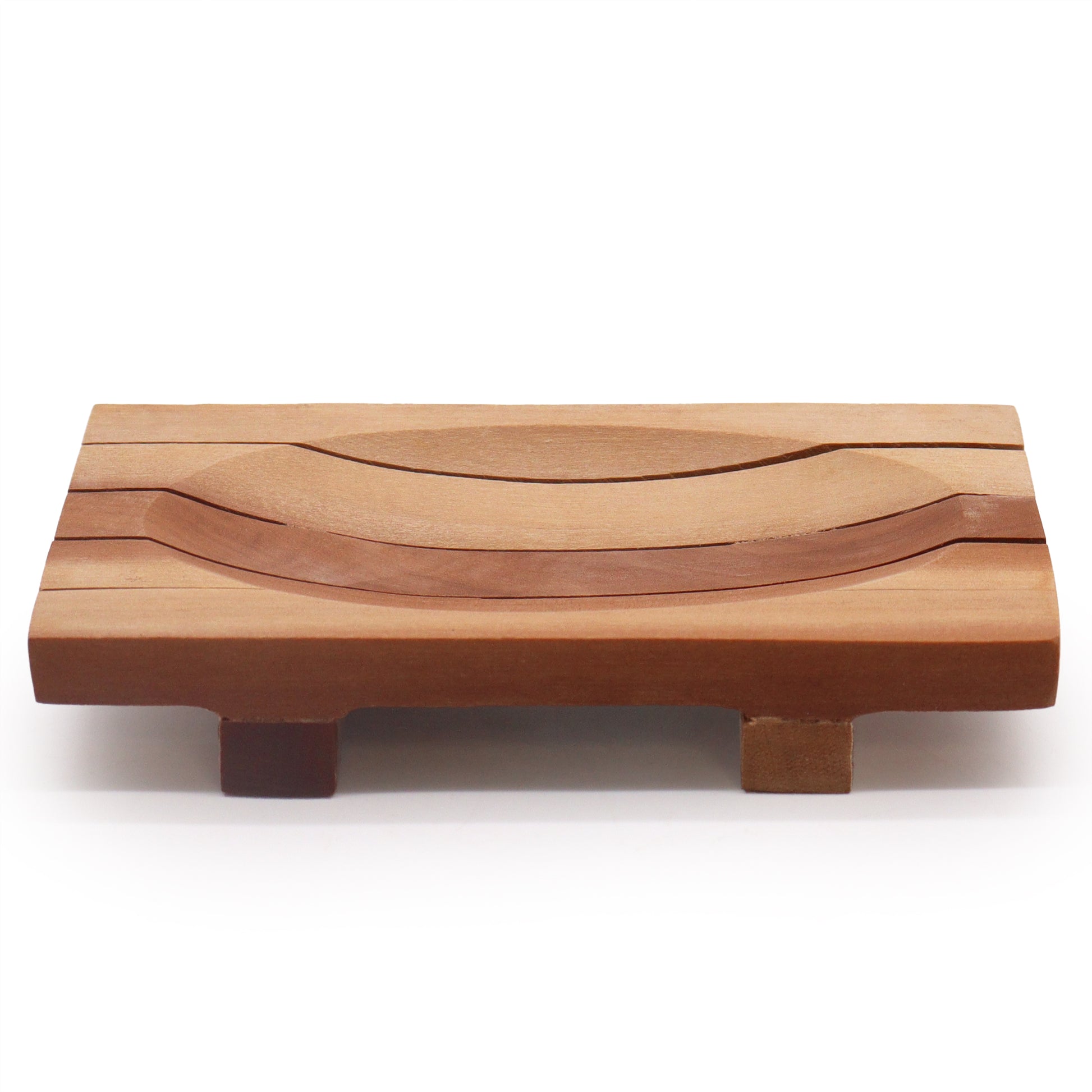 Rectangular mahogany wood soap dish with curved basin and drainage grooves

