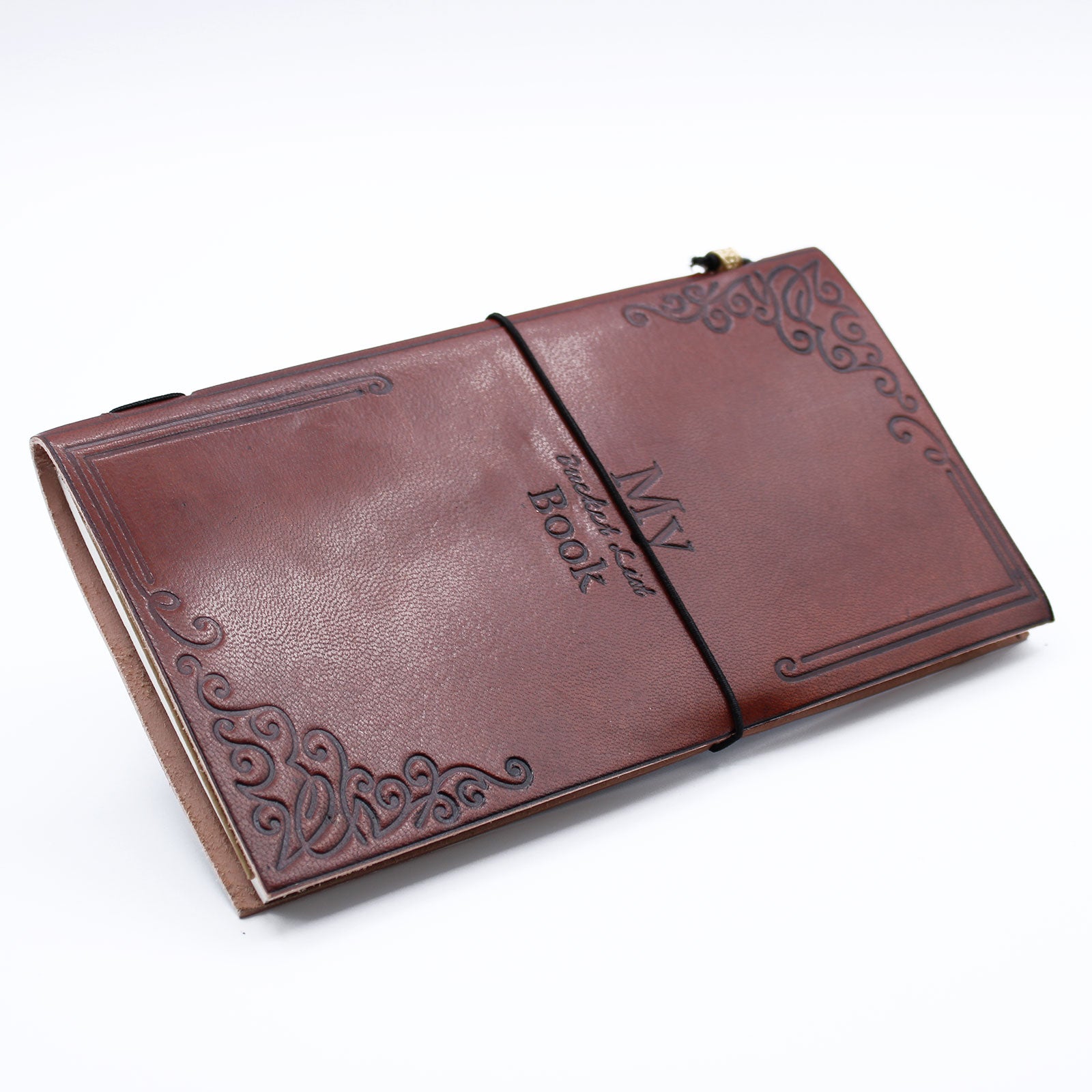 My Bucket List Book leather journal with wrap band and embossed design