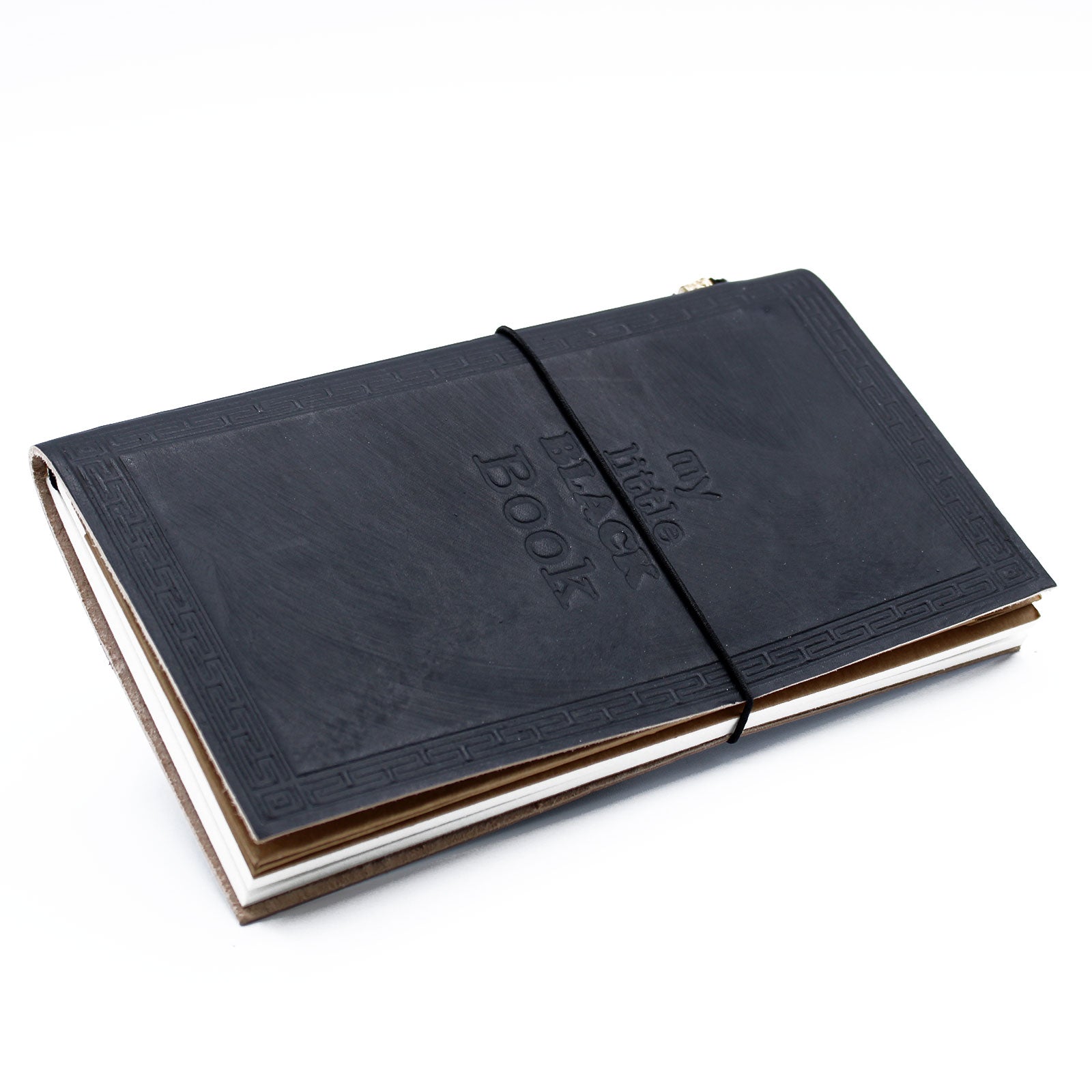 Black leather journal with “My Little Black Book” and zodiac embossing

