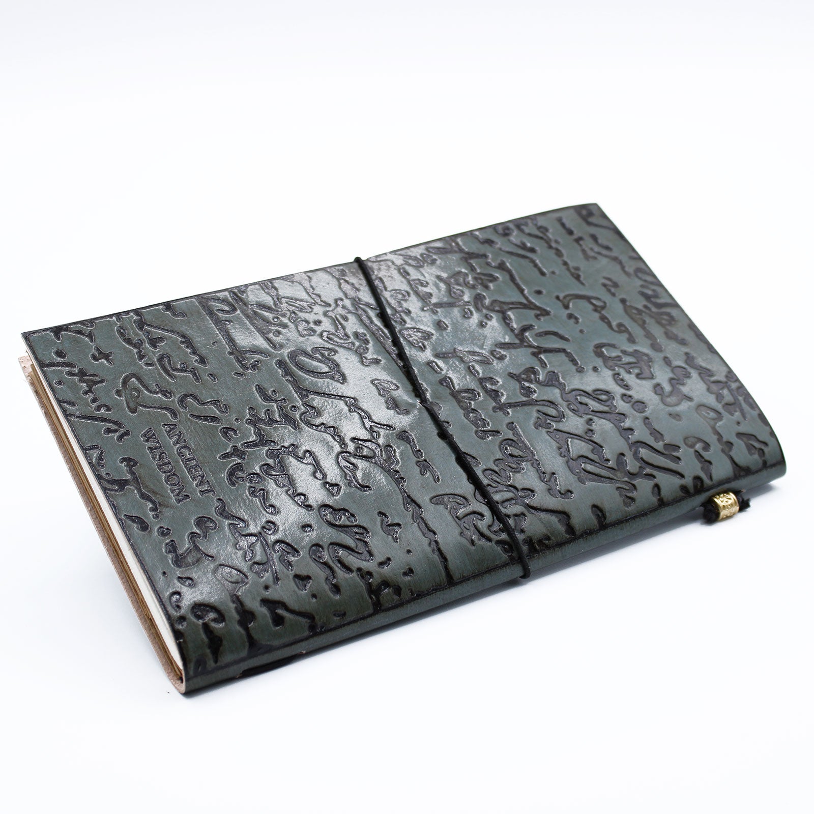 Grey Handmade Leather Journal with "Important Things To Do" embossed cover and wrap-around band.

