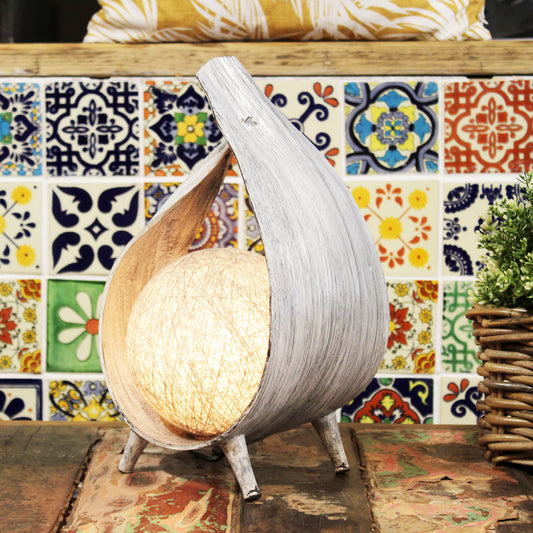 Natural Coconut Leaf Lamp in greywash with wrapover twist design and cotton shade