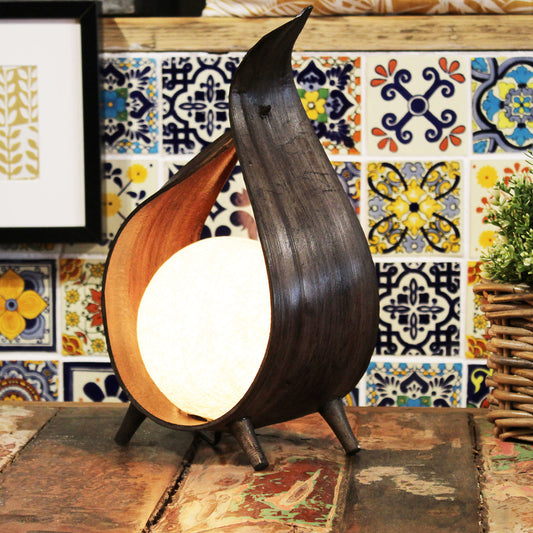 Natural Coconut Leaf Lamp in chocolate wrapover twist design with cotton ball shade and four wooden legs

