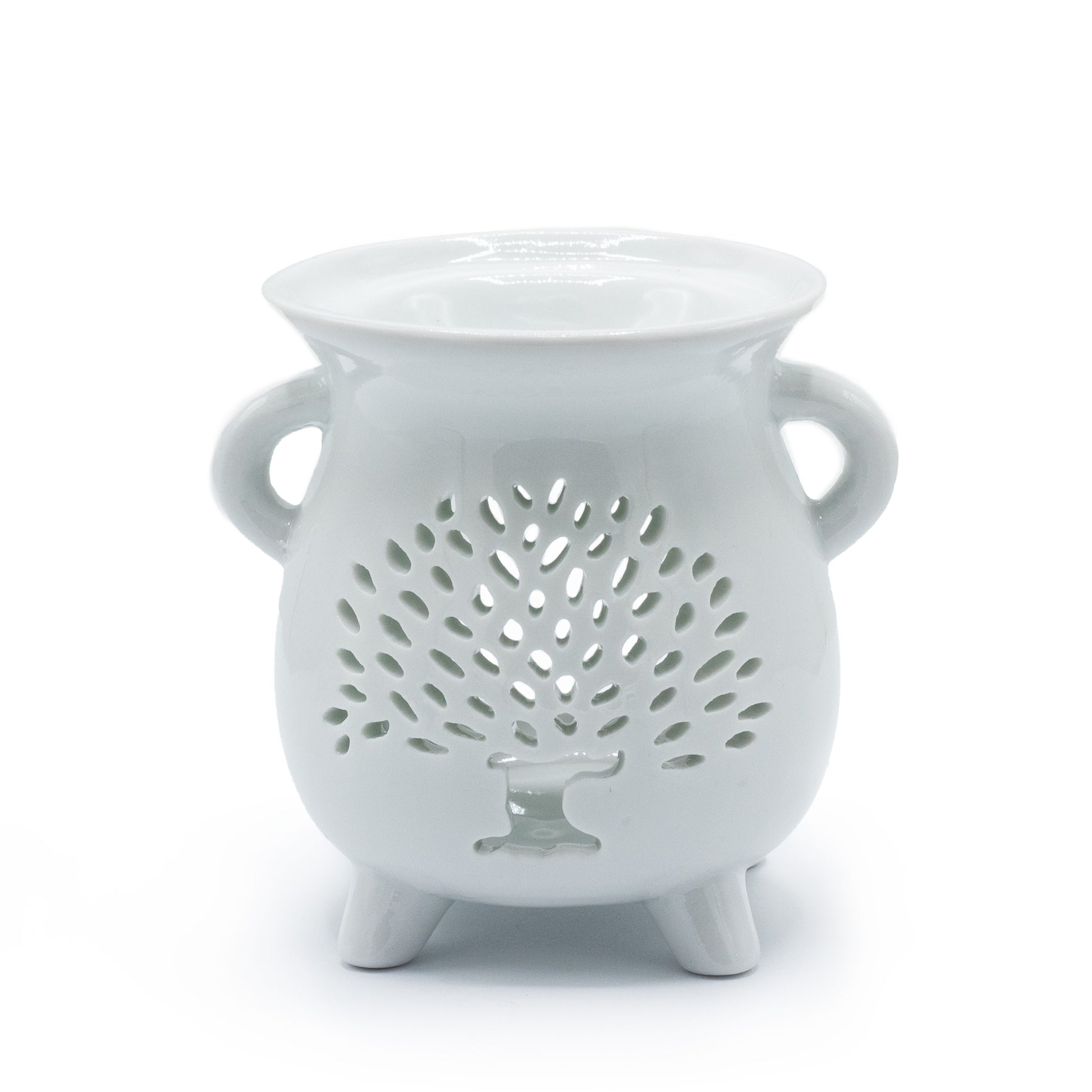 White ceramic cauldron oil burner with Tree of Life cut-out design, ideal for essential oils and tealights

