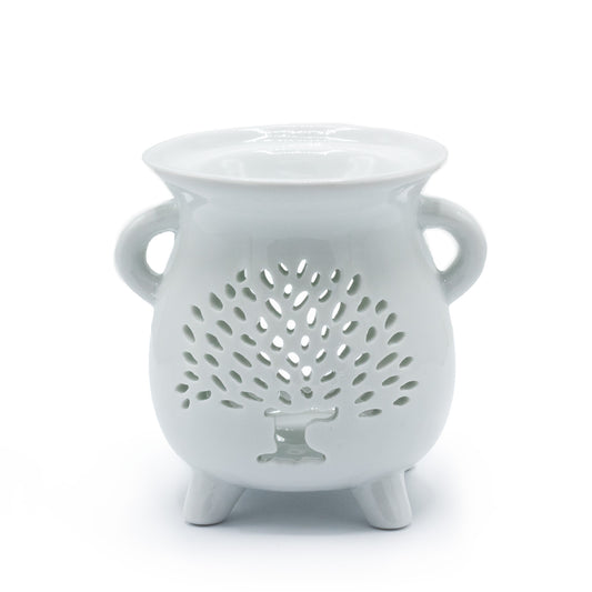 White ceramic cauldron oil burner with Tree of Life cut-out design, ideal for essential oils and tealights


