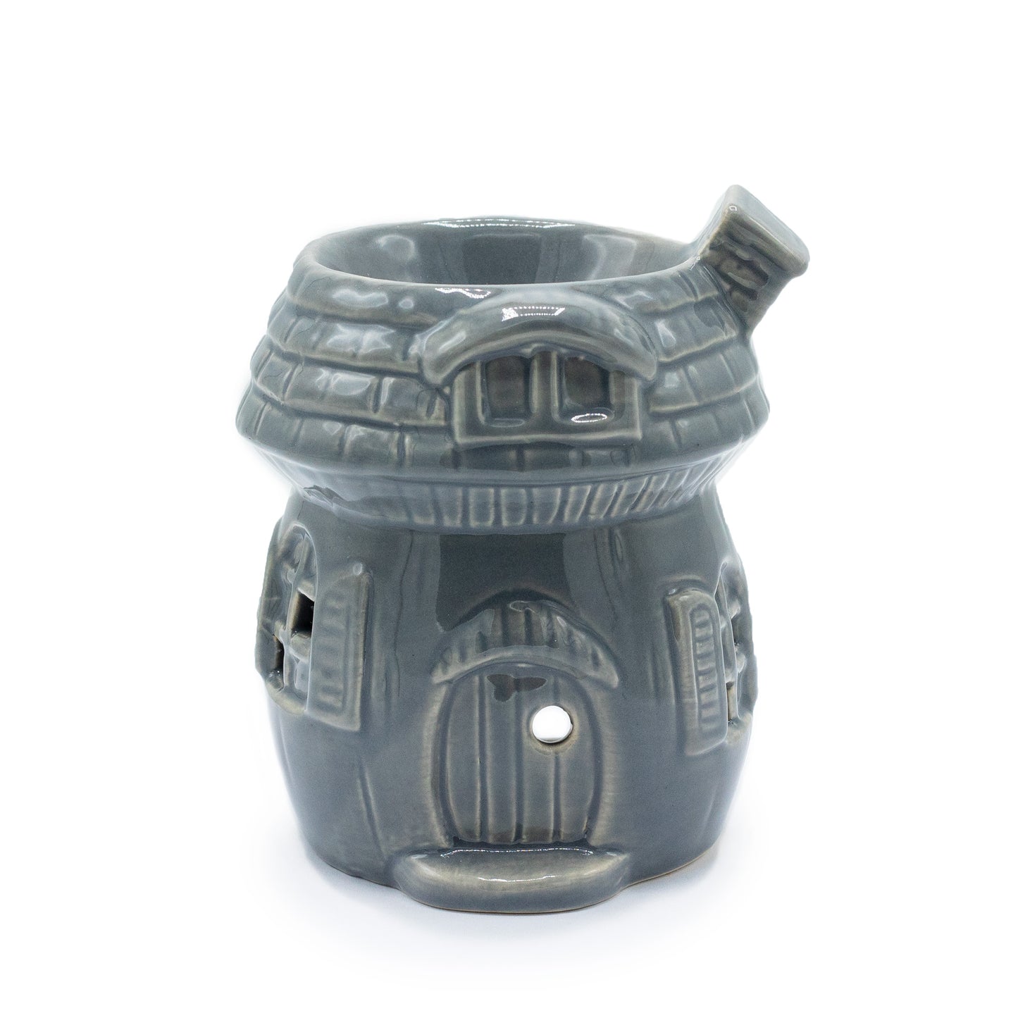 Grey ceramic oil burner shaped like a mushroom house with detailed windows, door, and roof, designed for essential oils and tealights

