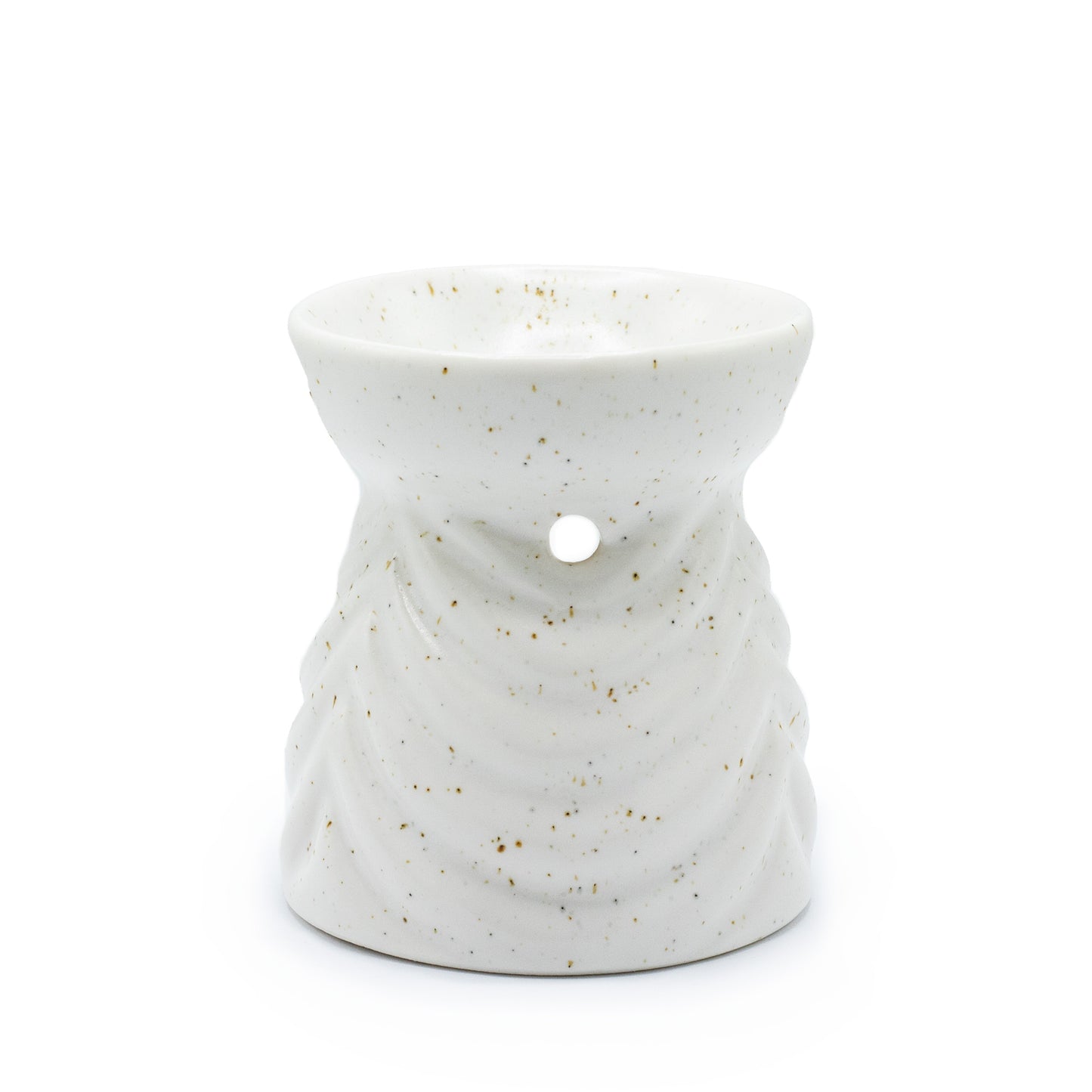 Ivory ceramic oil burner with geometric pattern and golden speckles, designed for essential oils and tealights

