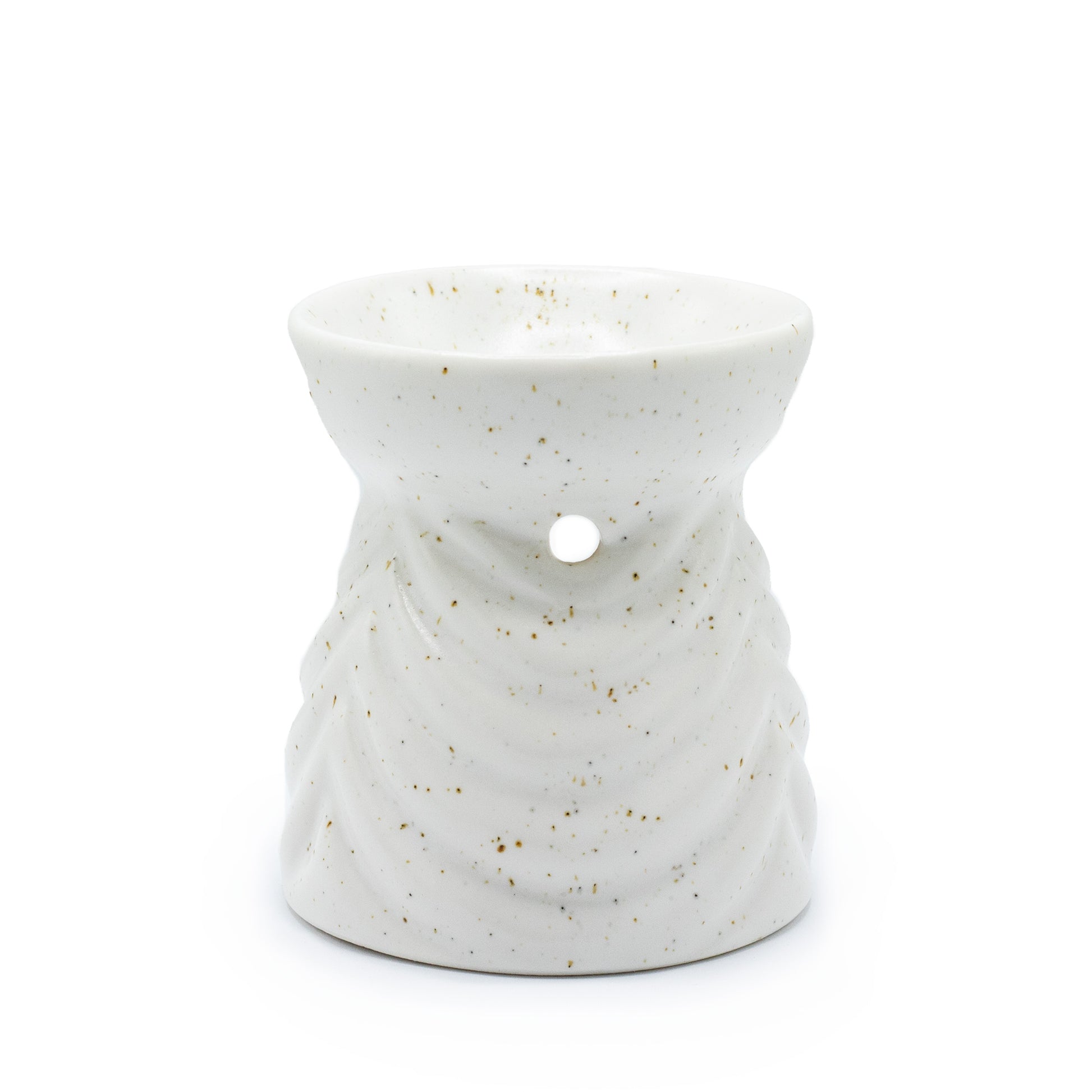 Ivory ceramic oil burner with geometric pattern and golden speckles, designed for essential oils and tealights

