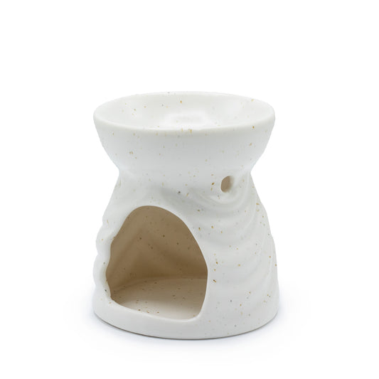 Ivory ceramic oil burner with geometric pattern and golden speckles, designed for essential oils and tealights

