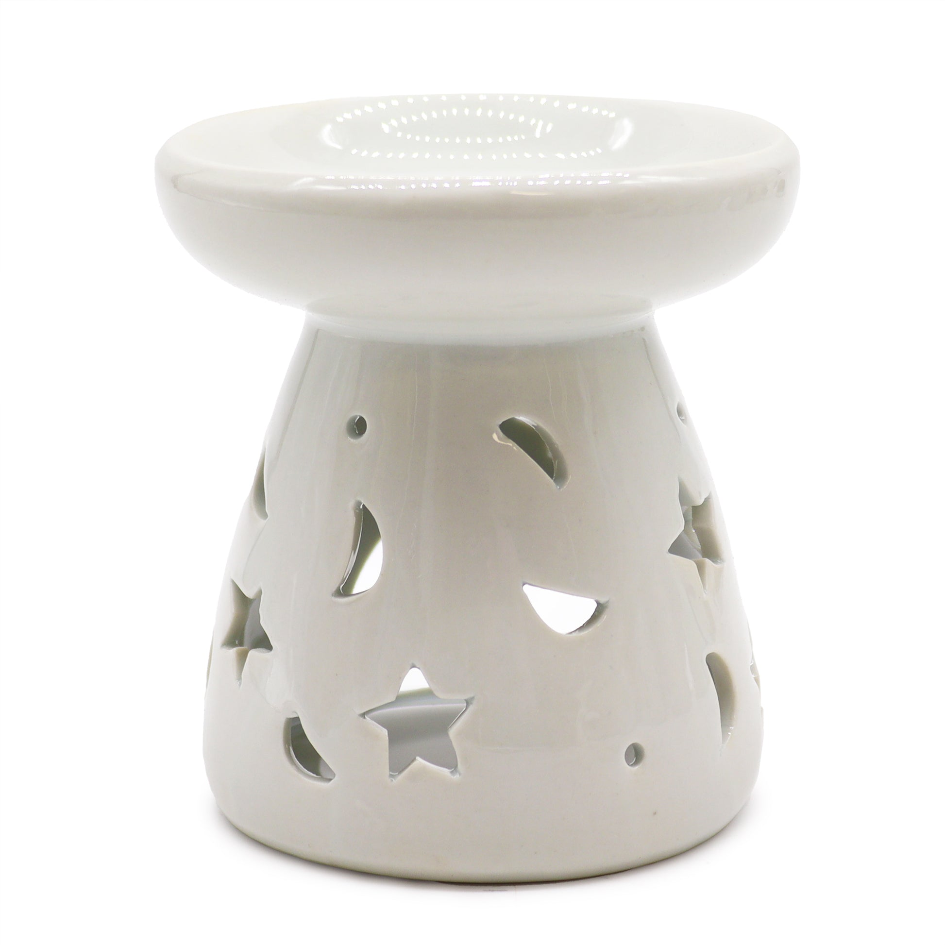 9cm gloss white ceramic oil burner with star and moon cutout design


