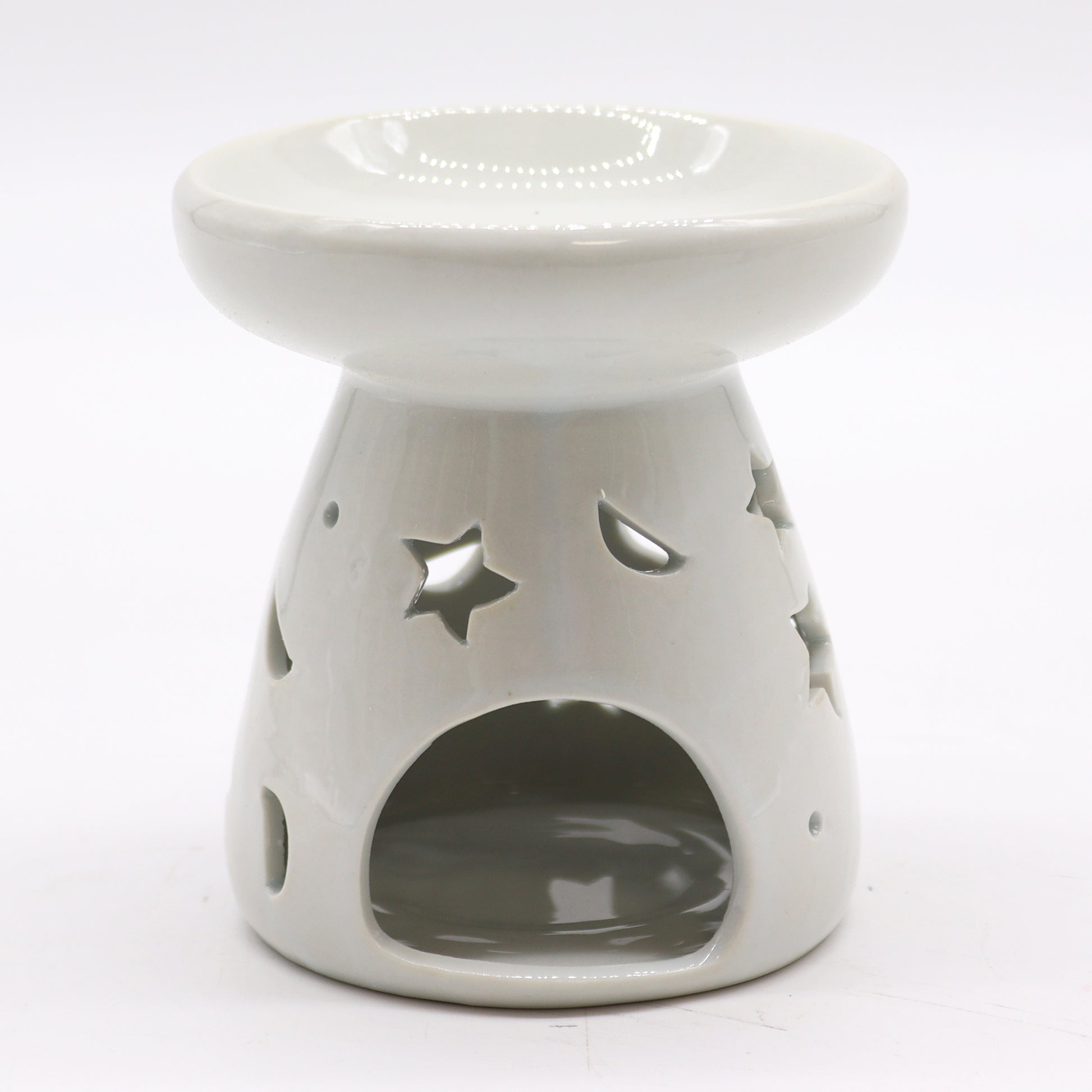 9cm gloss white ceramic oil burner with star and moon cutout design

