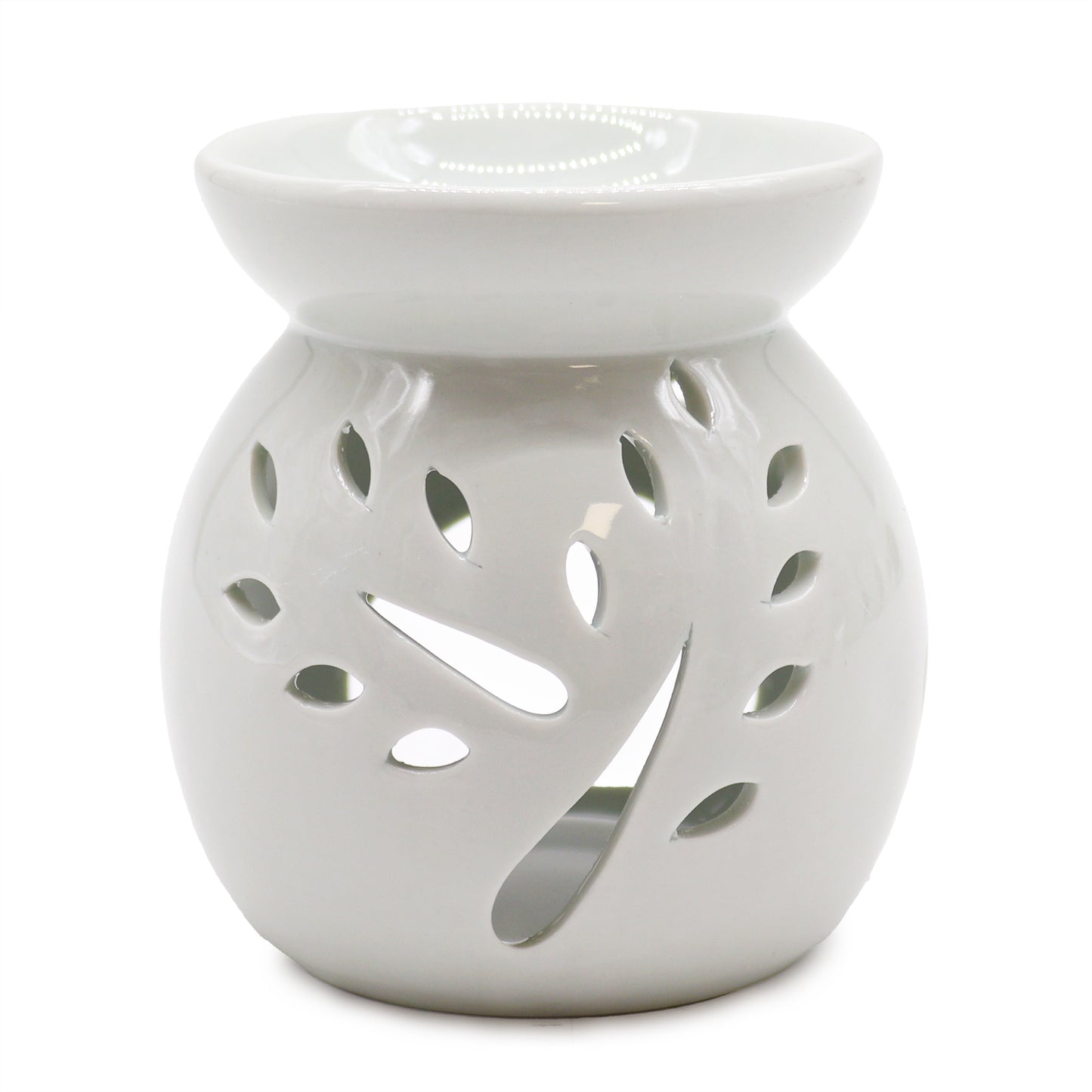 10cm white ceramic oil burner with Tree of Life cutout design and glossy finish

