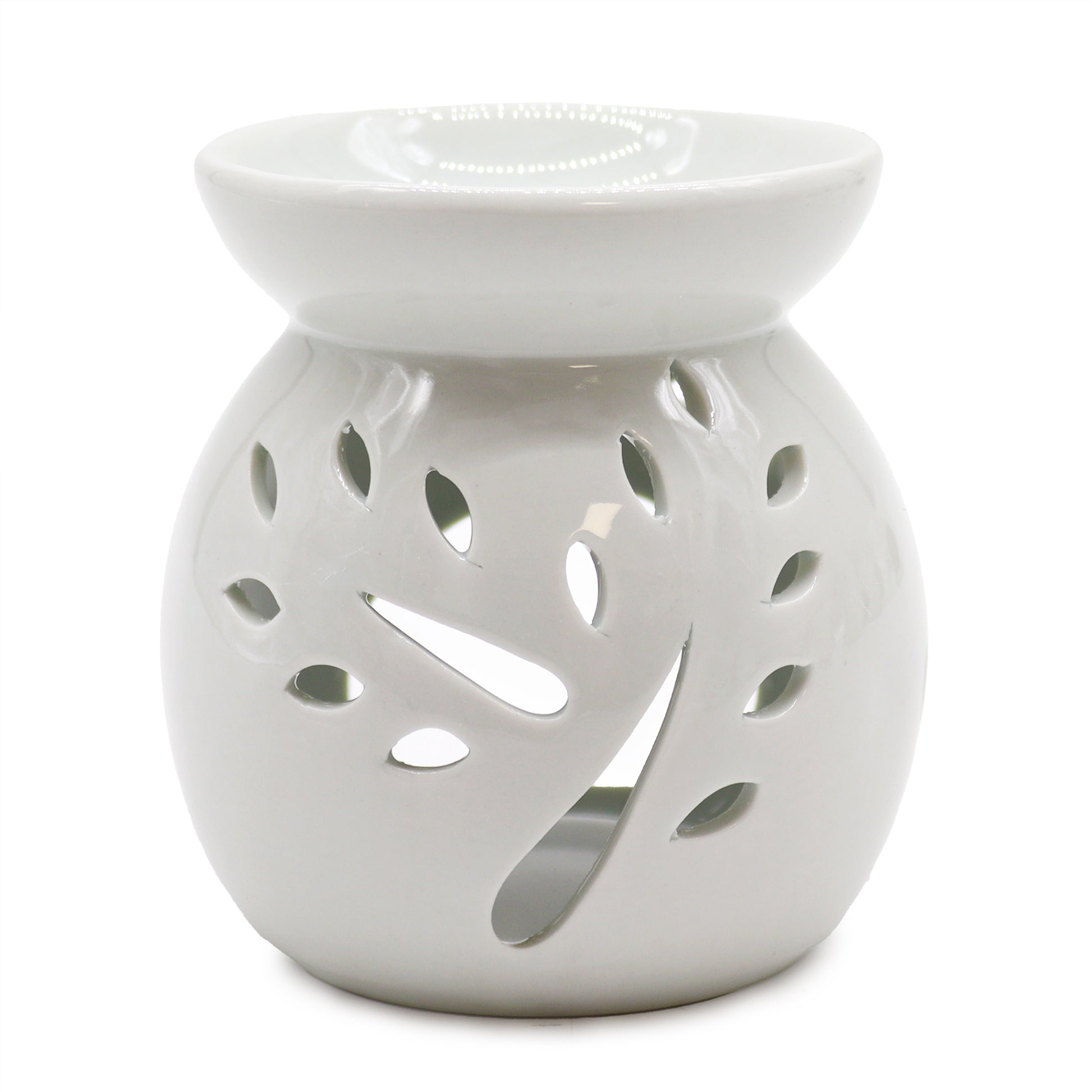 10cm white ceramic oil burner with Tree of Life cutout design and glossy finish

