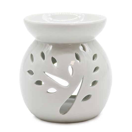 10cm white ceramic oil burner with Tree of Life cutout design and glossy finish

