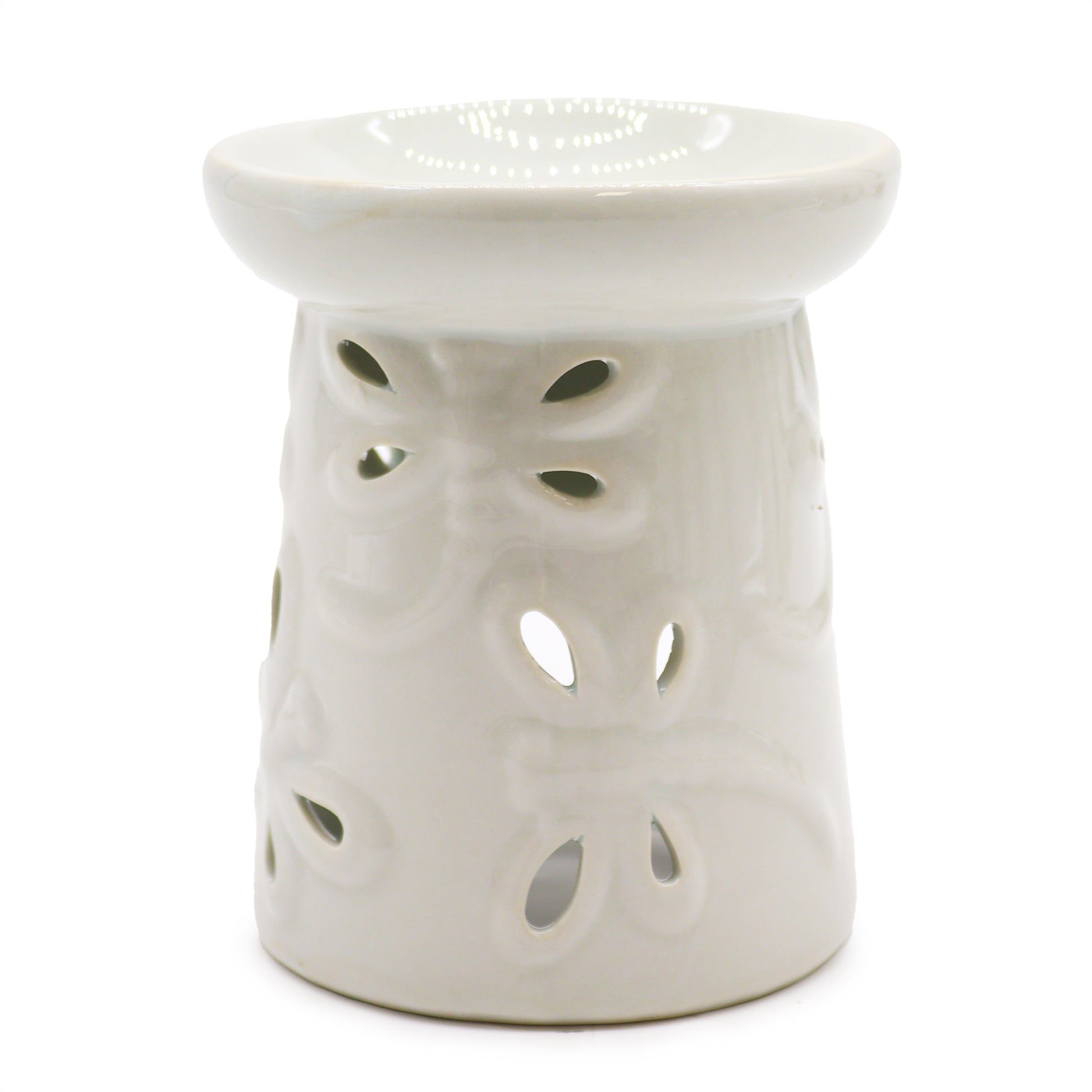Gloss white ceramic oil burner with dragonfly cutout design – tall cylindrical shape

