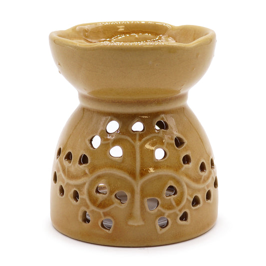 honey-coloured ceramic oil burner with tealight holder and decorative cutouts