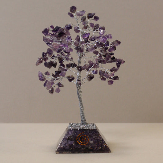 Amethyst crystal tree with orgonite base – handmade with 160 stones of natural crystals