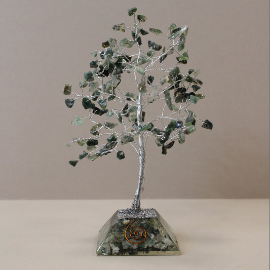 Moss Agate crystal tree with orgonite base – handmade with 160 stones of natural crystals