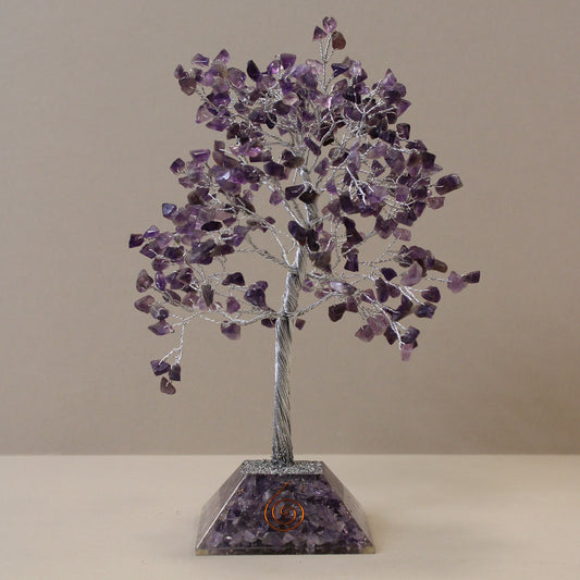 Amethyst crystal tree with orgonite base – handmade with 320 stones of natural crystals