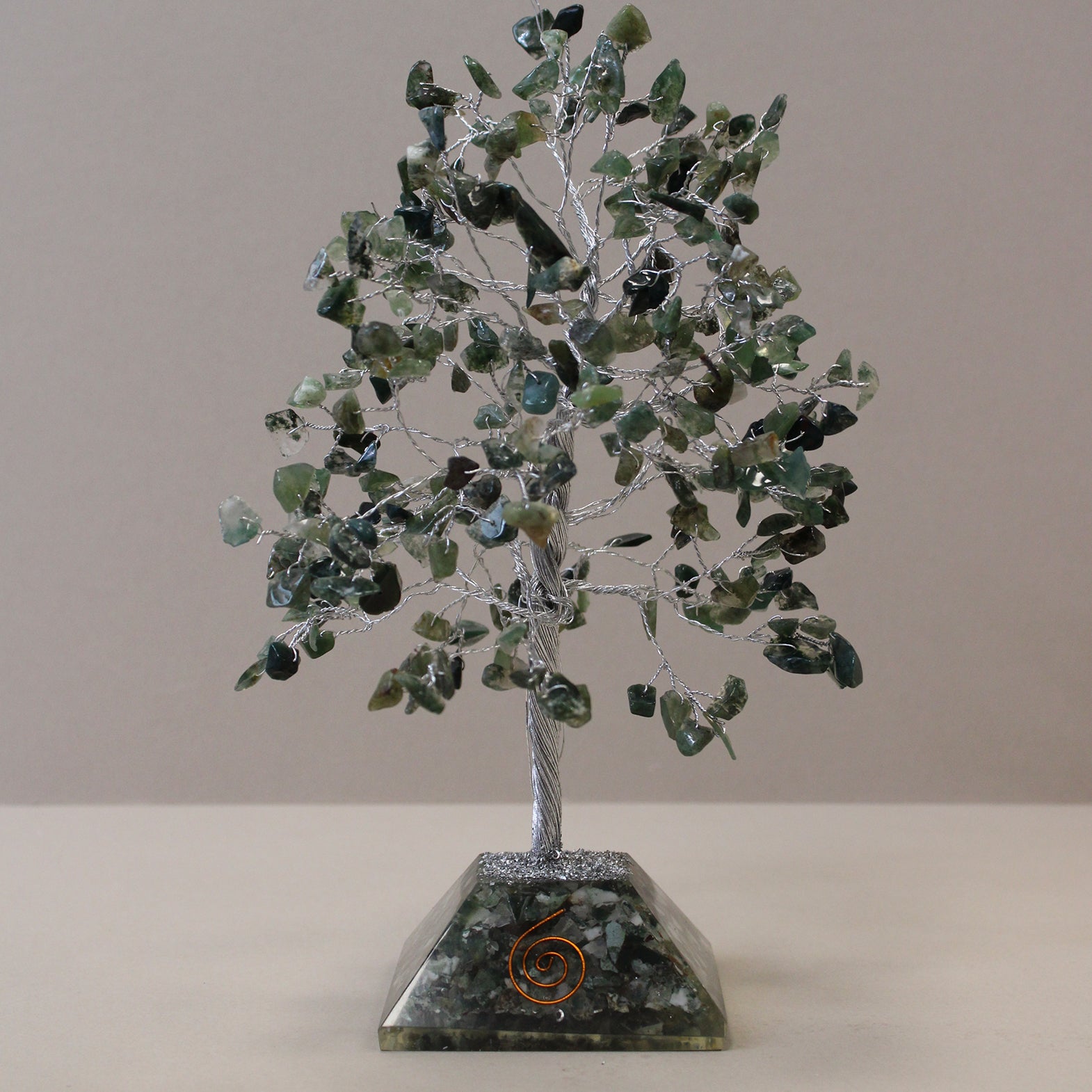 Moss Agate crystal tree with orgonite base – handmade with 320 stones of natural crystals