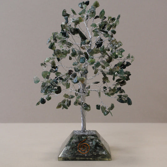 Moss Agate crystal tree with orgonite base – handmade with 320 stones of natural crystals