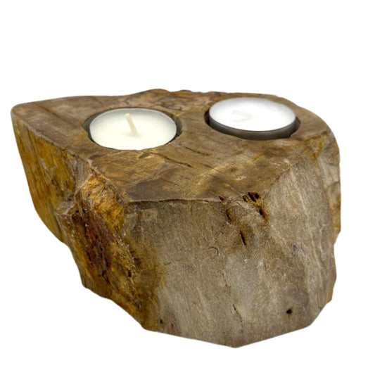 Double petrified wood candle holder – rustic holder for two tea lights