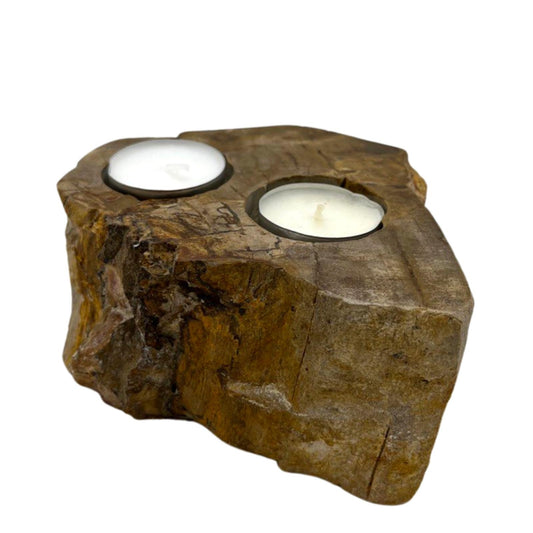 Double petrified wood candle holder – rustic holder for two tea lights