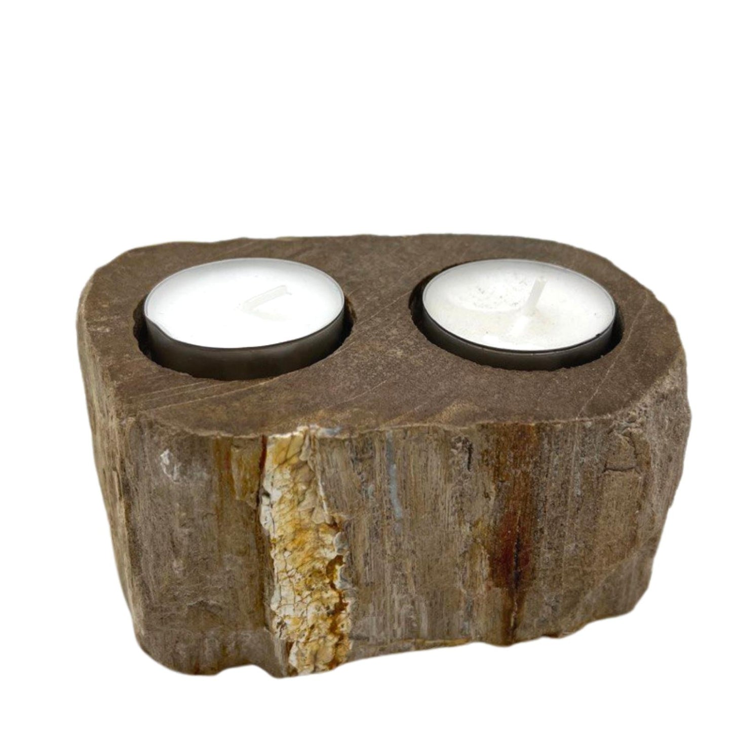 Double petrified wood candle holder – rustic holder for two tea lights